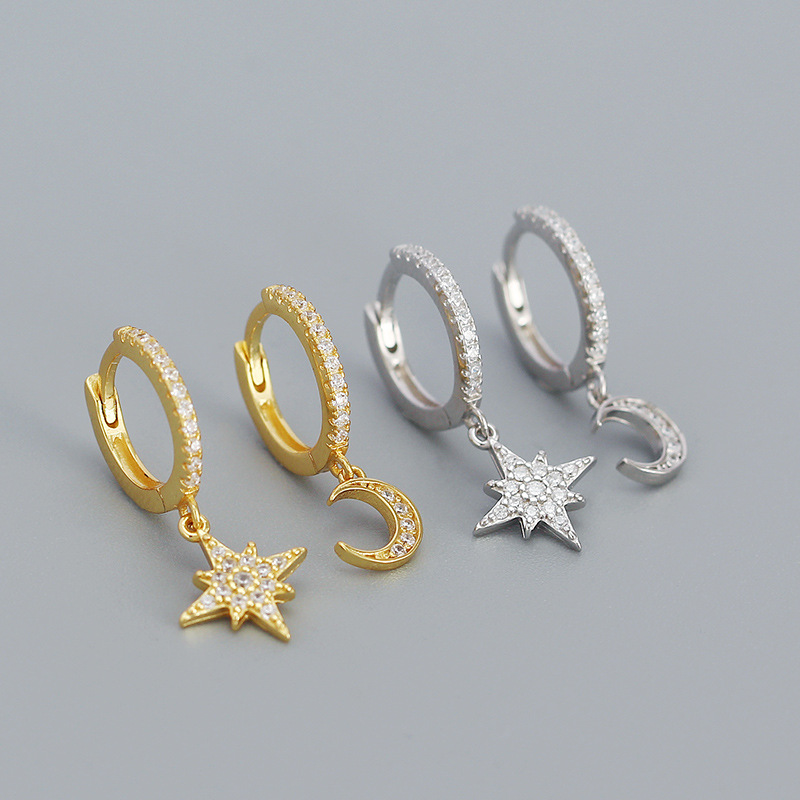 Star And Moon Asymmetric Earrings S925 Sterling Silver Earrings