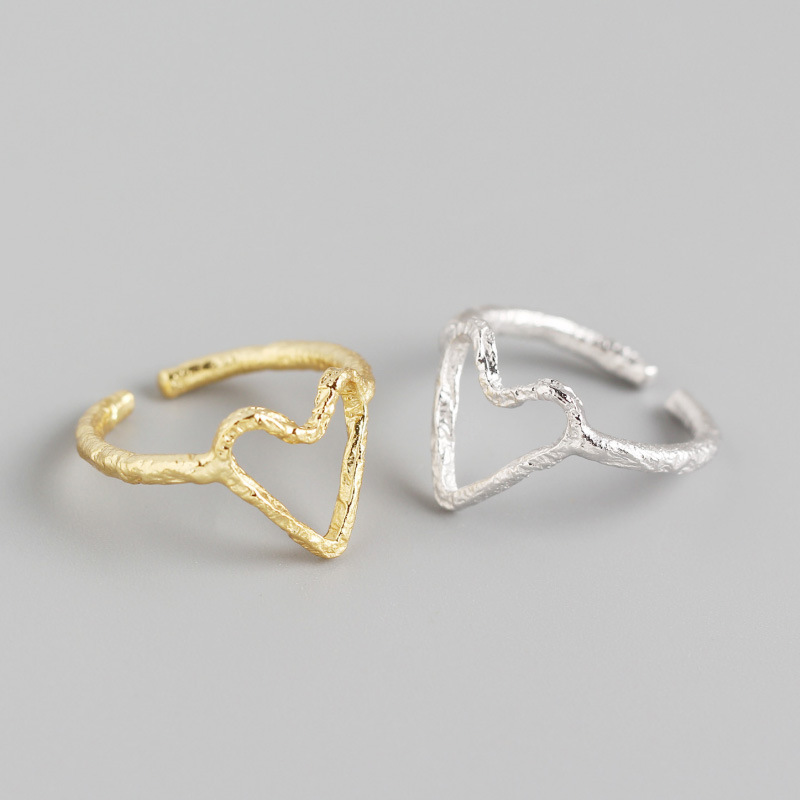 Geometric Heart Shape S925 Sterling Silver Ring Texture Pattern Peach Heart Open Ring