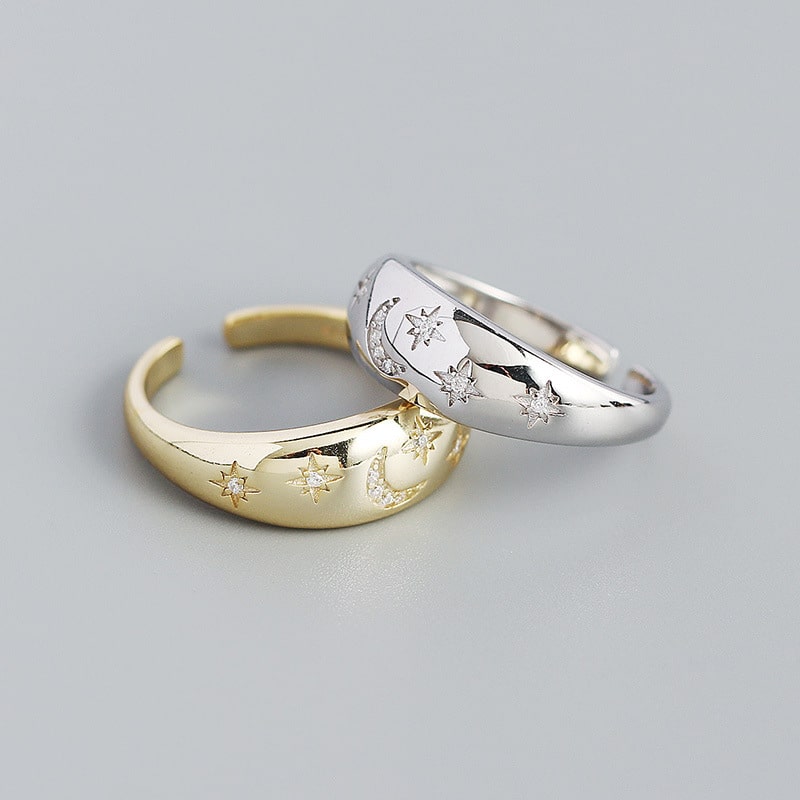 s925 plata anillo geométrico estrella luna Anillo abierto engastado
