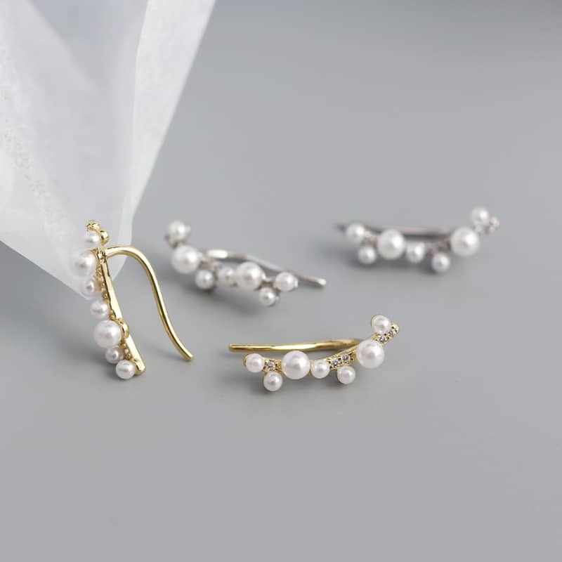 S925 Plata Geométrica Imitación Perla Pendientes Flor Oreja Clip Con Engaste Diamante