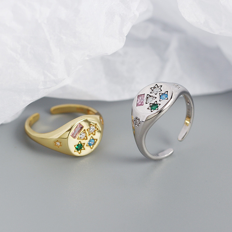 s925 silver geometric ring women's setting color zircon ring