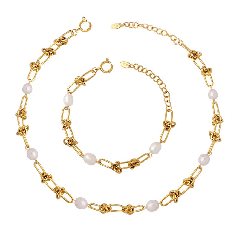 Chapado en Oro Elegante Collar de Perlas Twist Cadena Collar Pulsera Conjunto de Joyas
