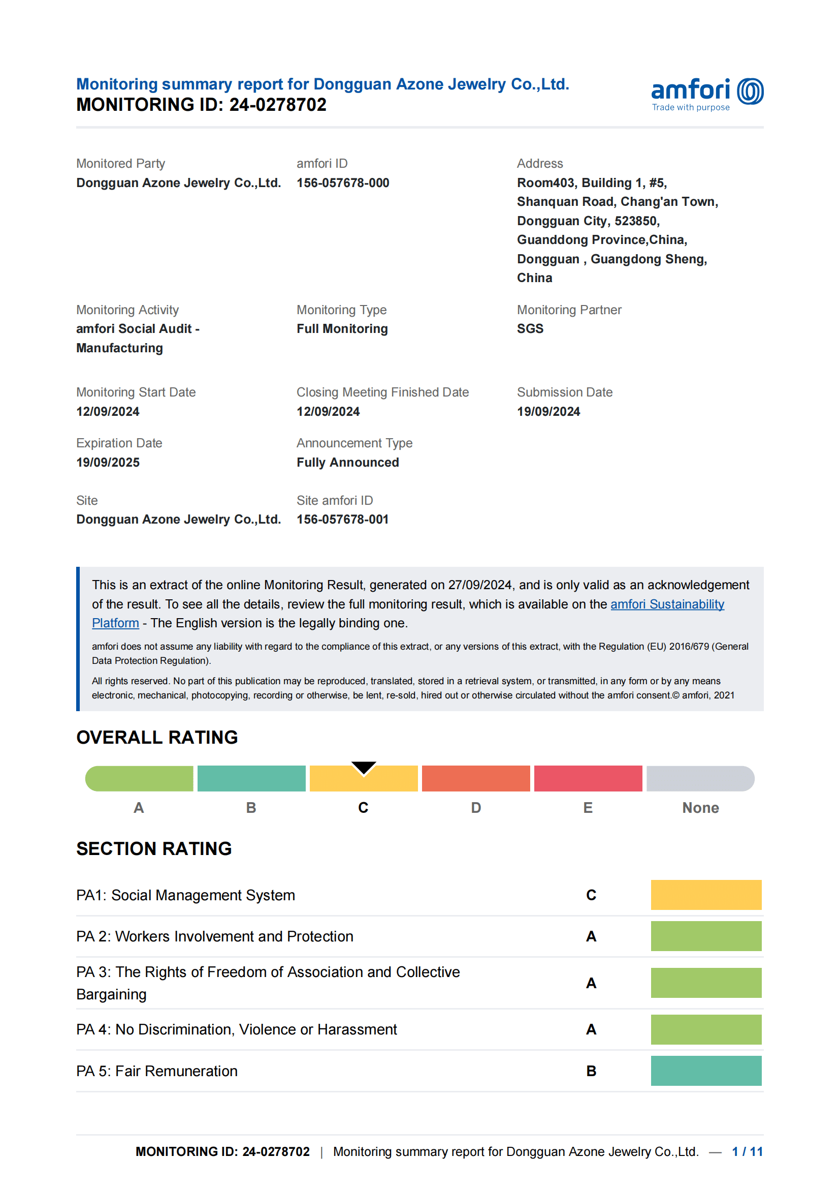 Azone Jewelry BSCI certificates