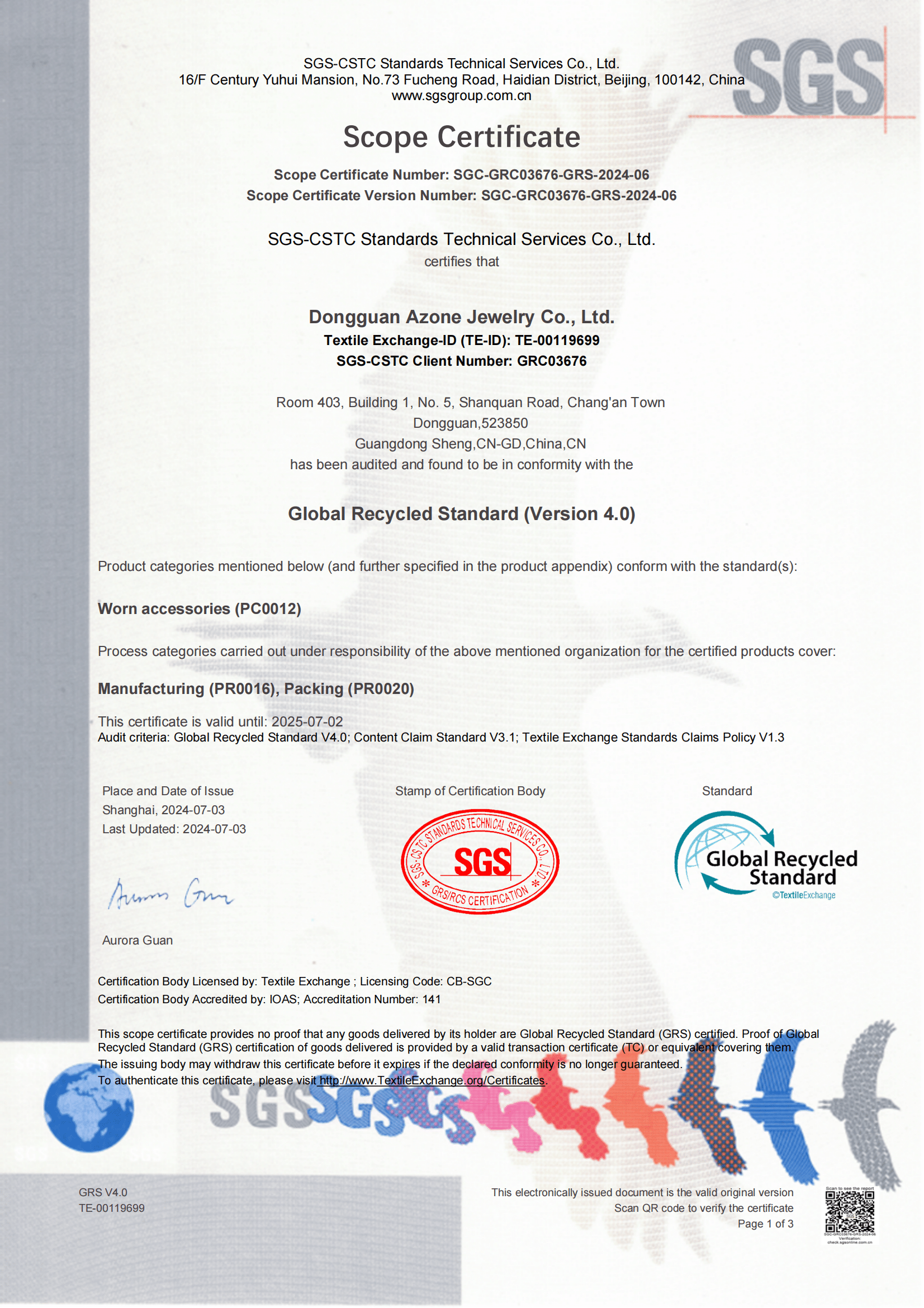 Azone Jewelry GRS certificates