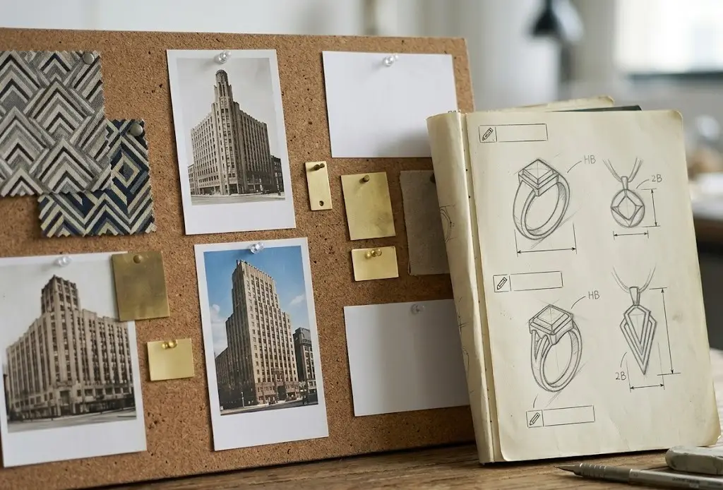 Jewelry mood board with geometric inspirations next to initial pencil sketches