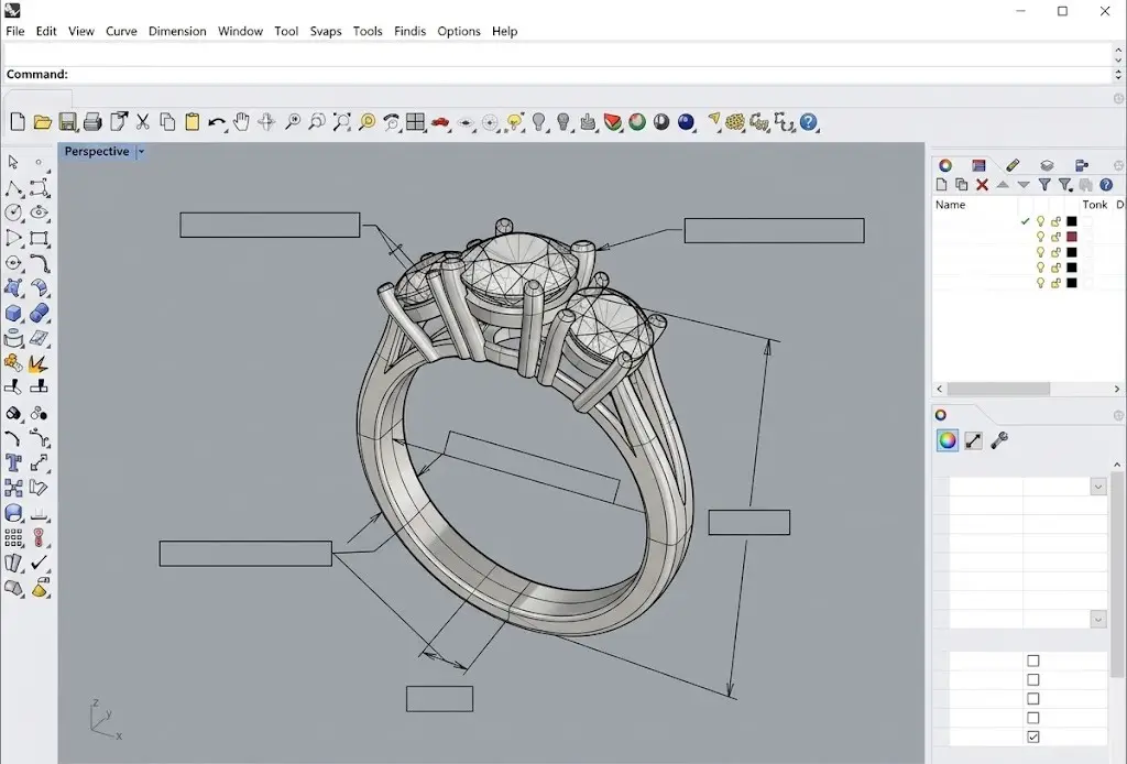 3D CAD jewelry model interface highlighting engineering constraints and tolerances