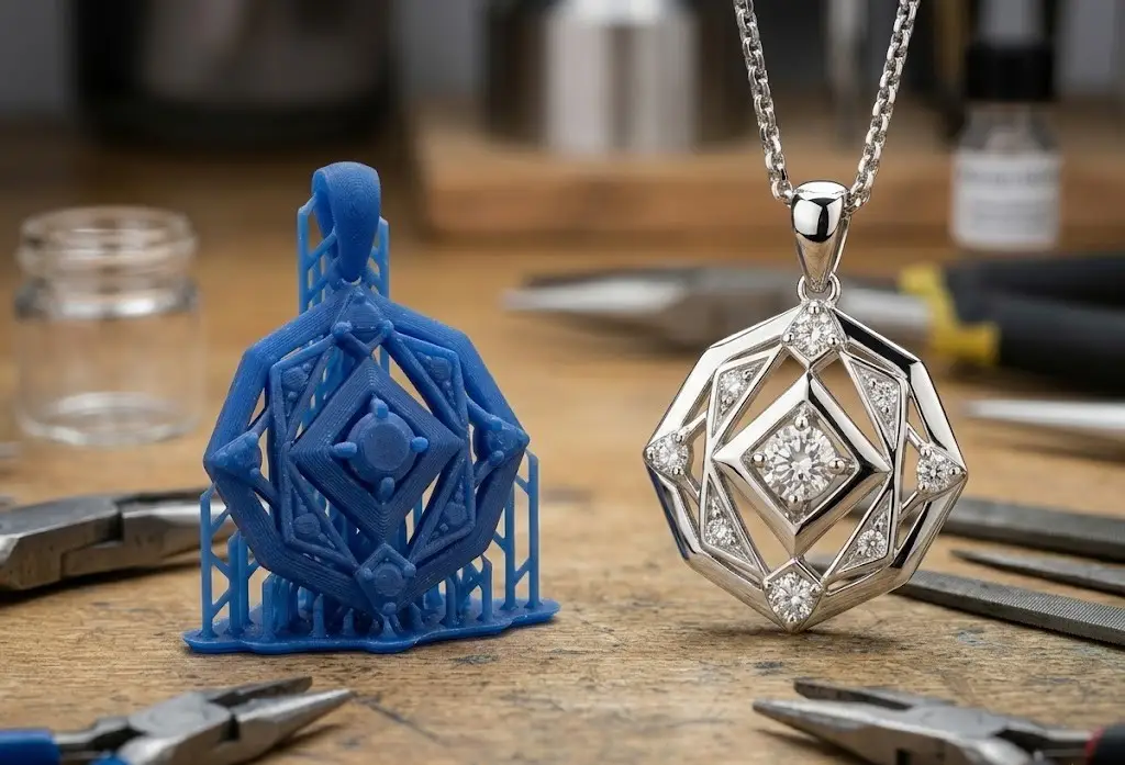 A 3D resin jewelry prototype displayed next to the final polished metal and diamond pendant