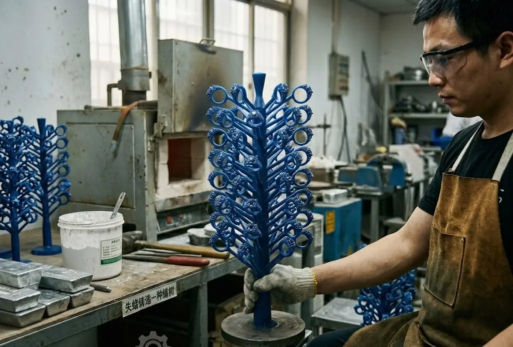 A jewelry factory worker inspecting a casting tree loaded with multiple wax ring models