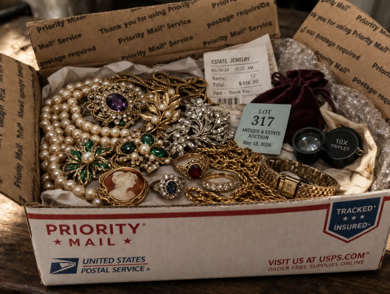 A curated vintage jewelry junk drawer lot packed in a priority mail box