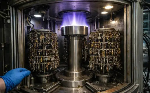 Inside view of a physical vapor deposition (PVD) vacuum coating chamber.