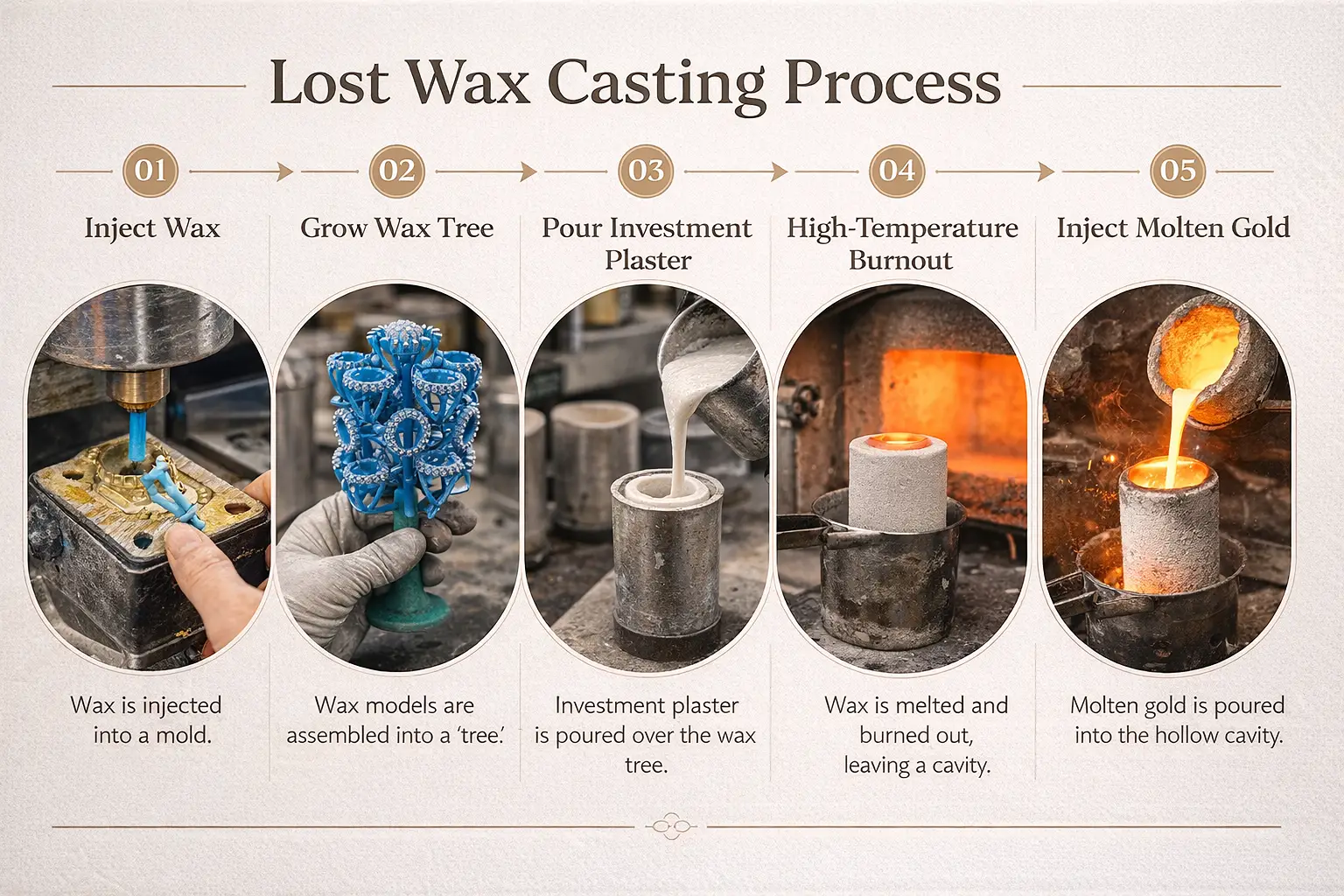 Infographic showing the 5 steps of lost wax casting: Wax Injection, Treeing, Investment, Burnout, Casting