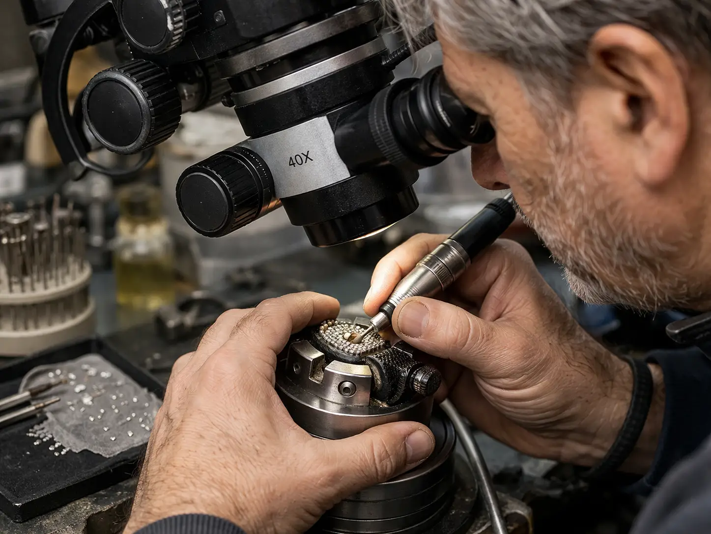 Artisan performing micro-pave stone setting under a microscope