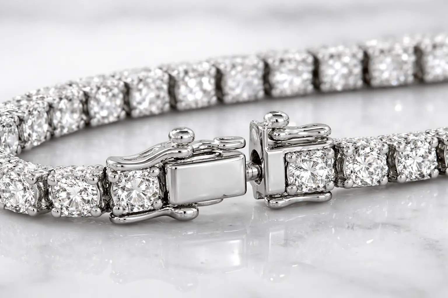 Modern diamond tennis bracelet with a double figure-eight safety catch