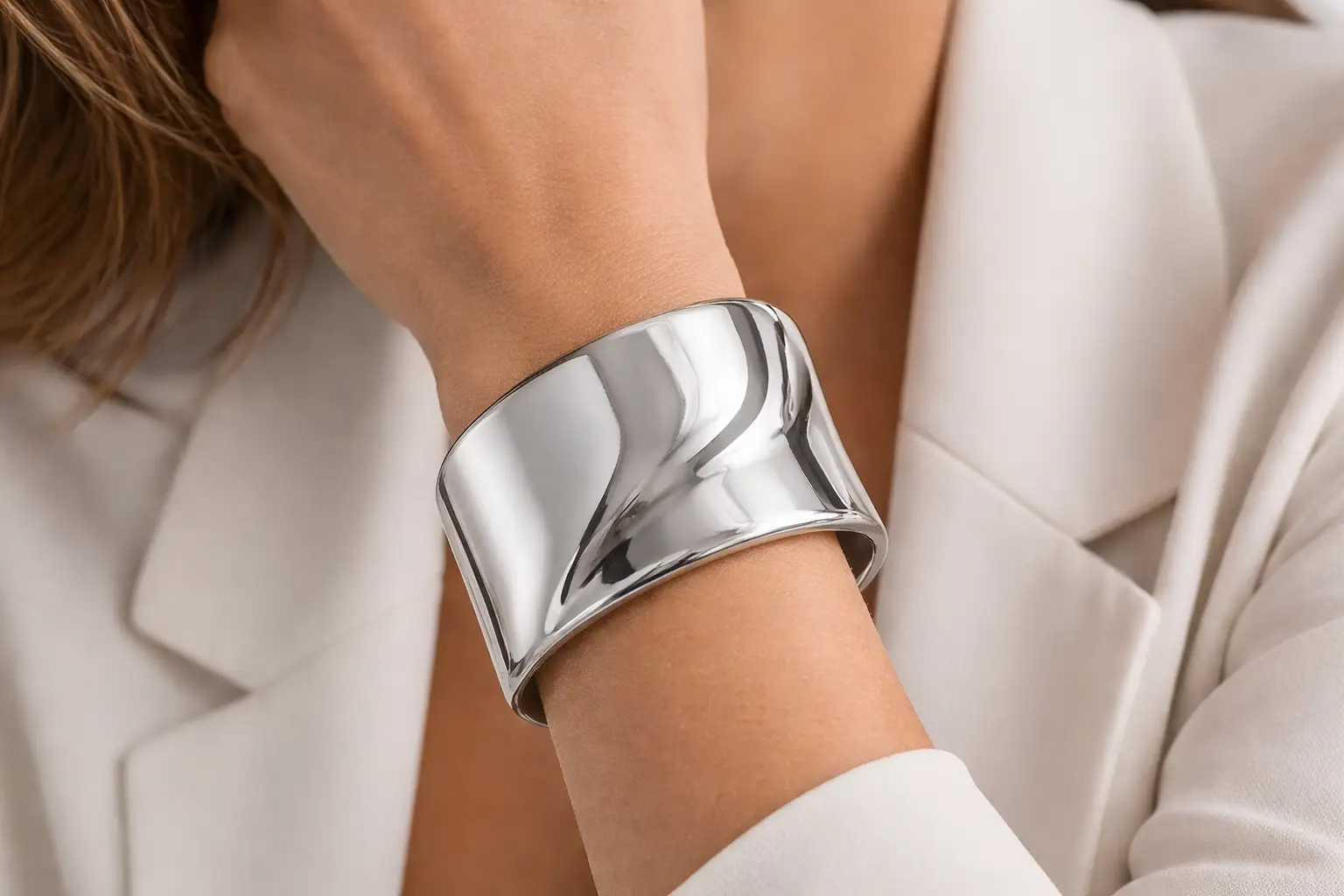 Sculptural high polish silver cuff bracelet
