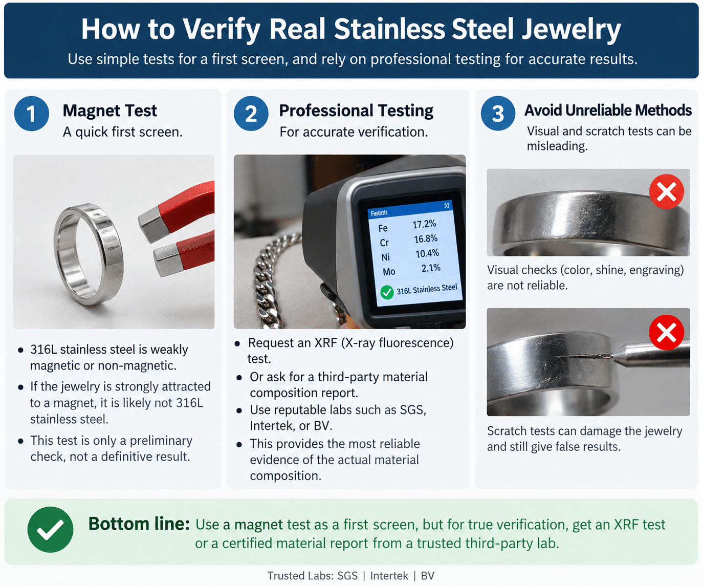 how to test if stainless steel jewelry is real 316L verification