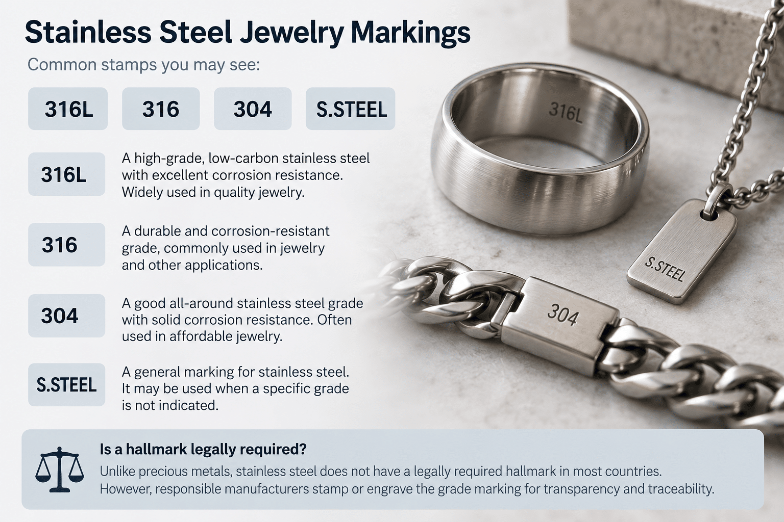 Jewelry marks and stamps for stainless steel grade identification