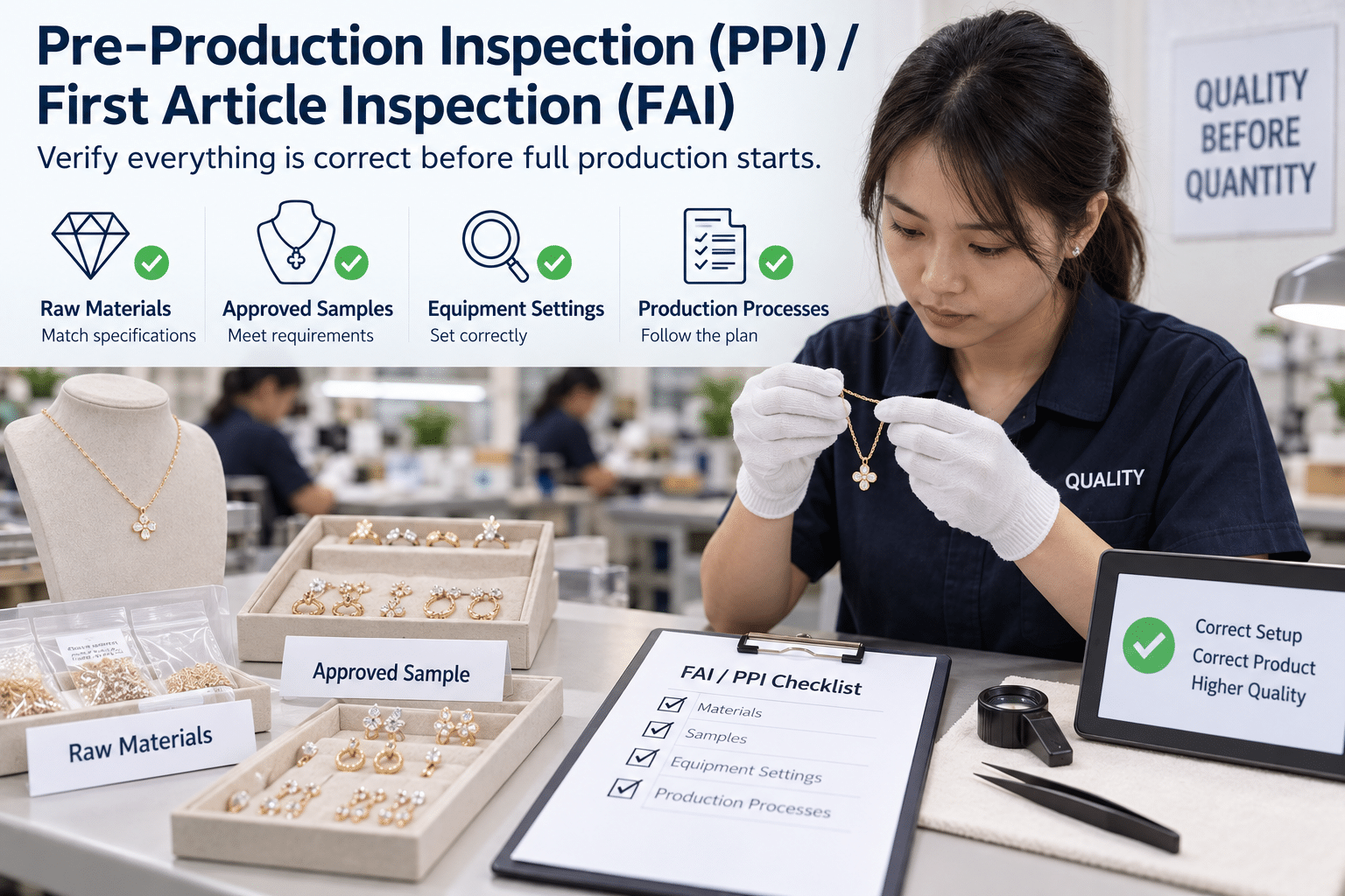 Pre-production inspection and first article inspection for jewelry
